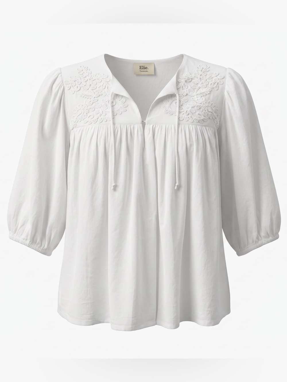 Elle Tahari White Embroidered 1/4 Sleeve Peasant Blouse